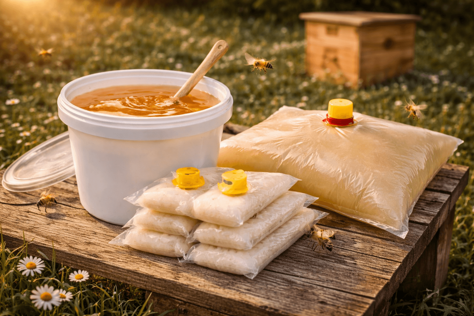 Bifoder för bin, näringslösning och utfodringsprodukter.