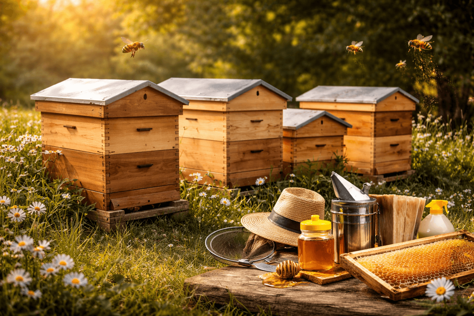 Bikupor och tillbehör för modern biodling med bikupor och redskap.