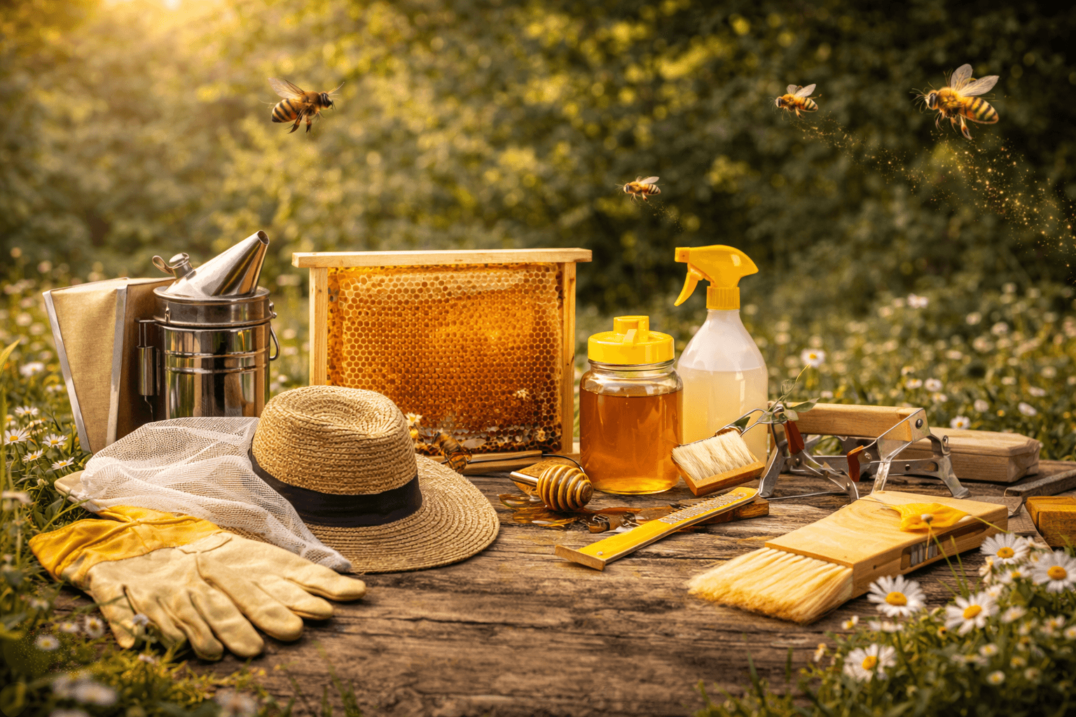 Utrustning för biodlaren inklusive verktyg, skyddskläder och honung.